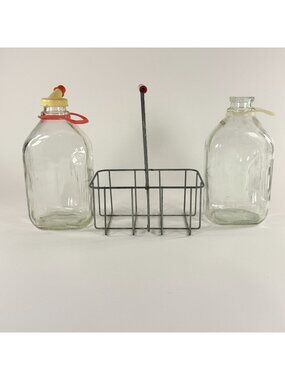 Vintage 2 Clear Glass Half Gallon Milk Jugs Plastic Handle Metal Carrier